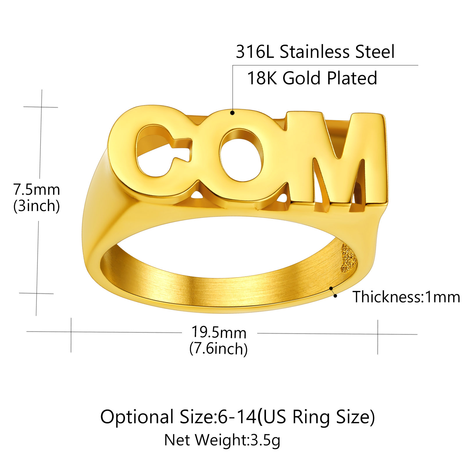 Bague Chevalière Personnalisée avec Nom ou Numéro pour Femme 3 Lettres Taille