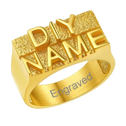 Bague Personnalisée avec Plaque Gravée au Style Hip-Hop Or