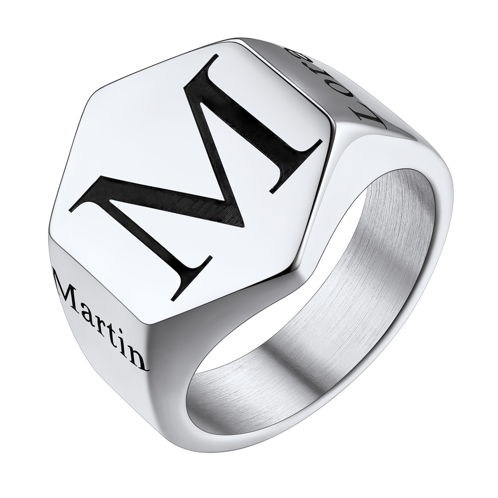Bague Chevalière Hexagonale Personnalisée Gravée Pour Homme Argenté