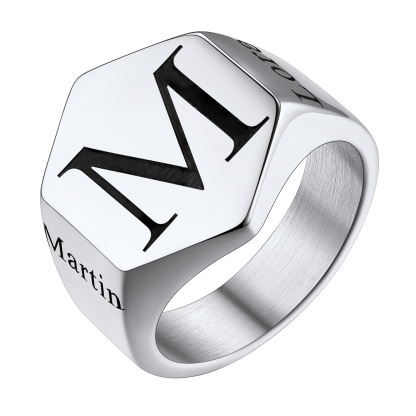 Bague Chevalière Hexagonale Personnalisée Gravée Pour Homme Argenté