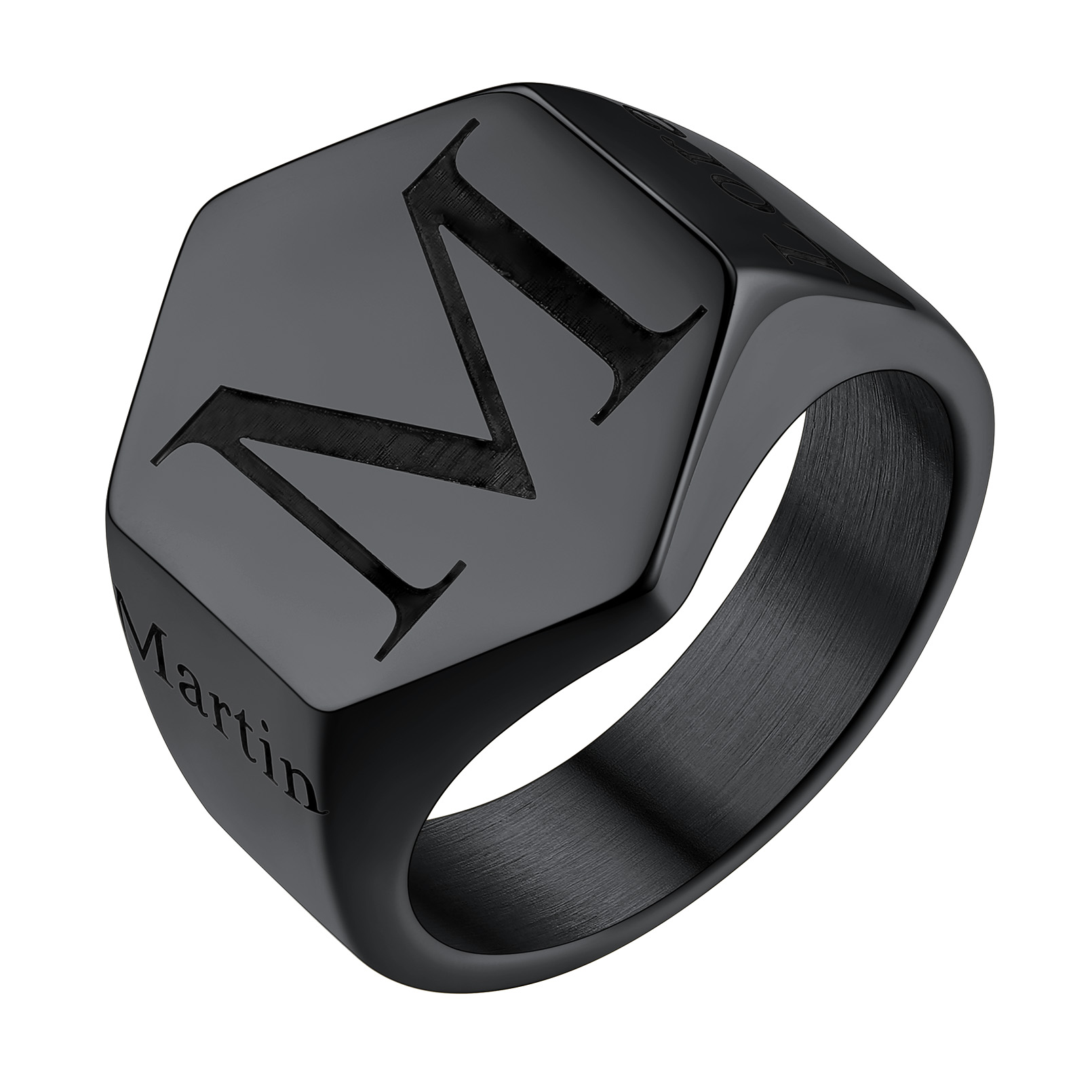 Bague Chevalière Hexagonale Personnalisée Gravée Pour Homme Noir