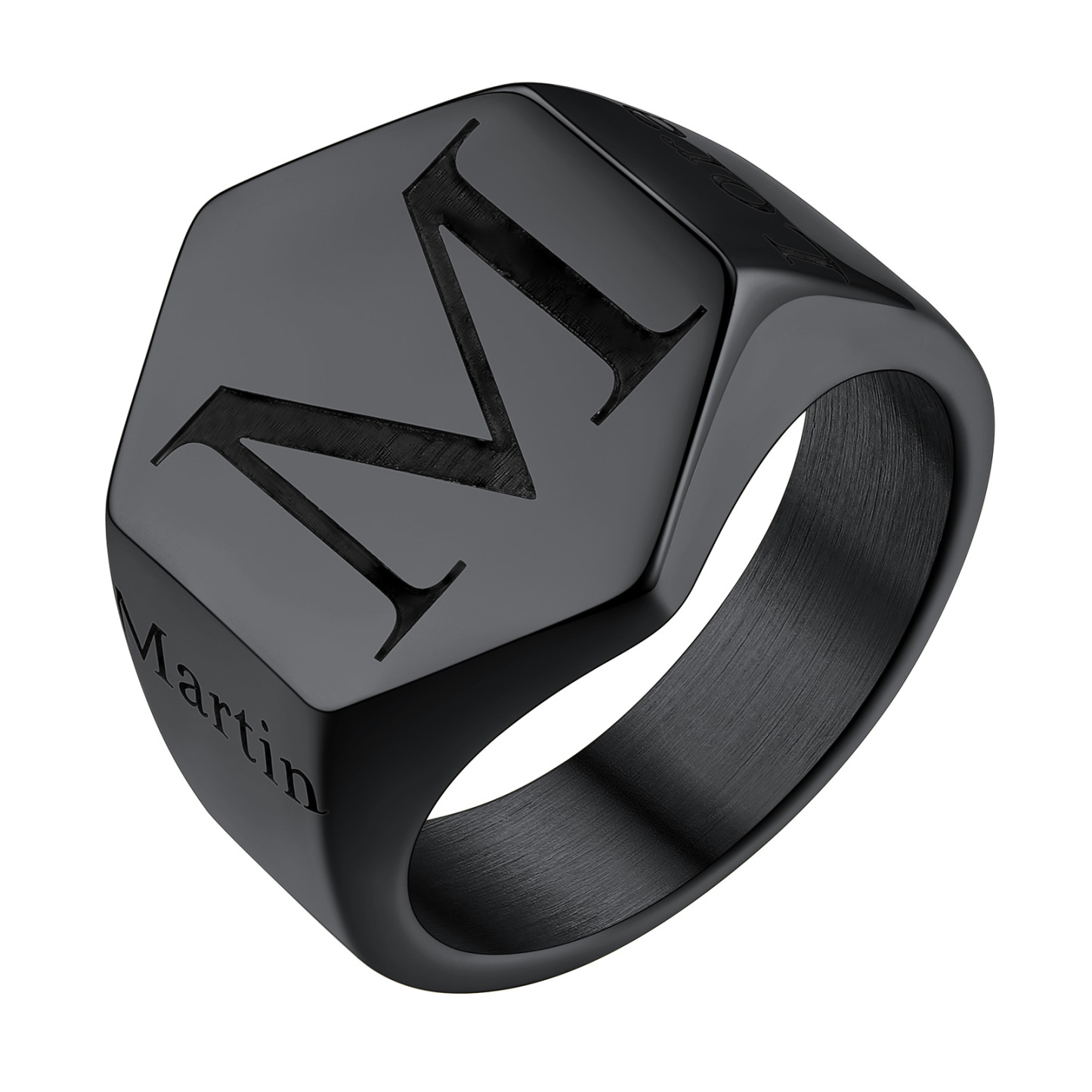 Bague Chevalière Hexagonale Personnalisée Gravée Pour Homme Noir