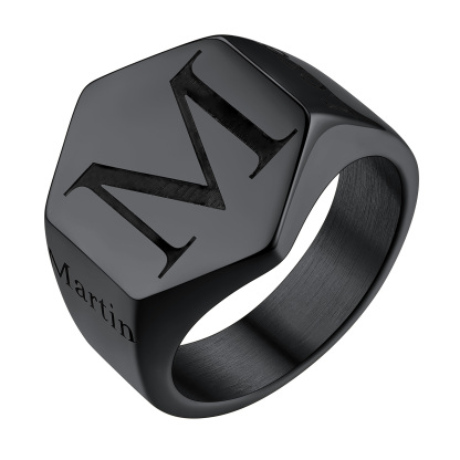 Bague Chevalière Hexagonale Personnalisée Gravée Pour Homme Noir