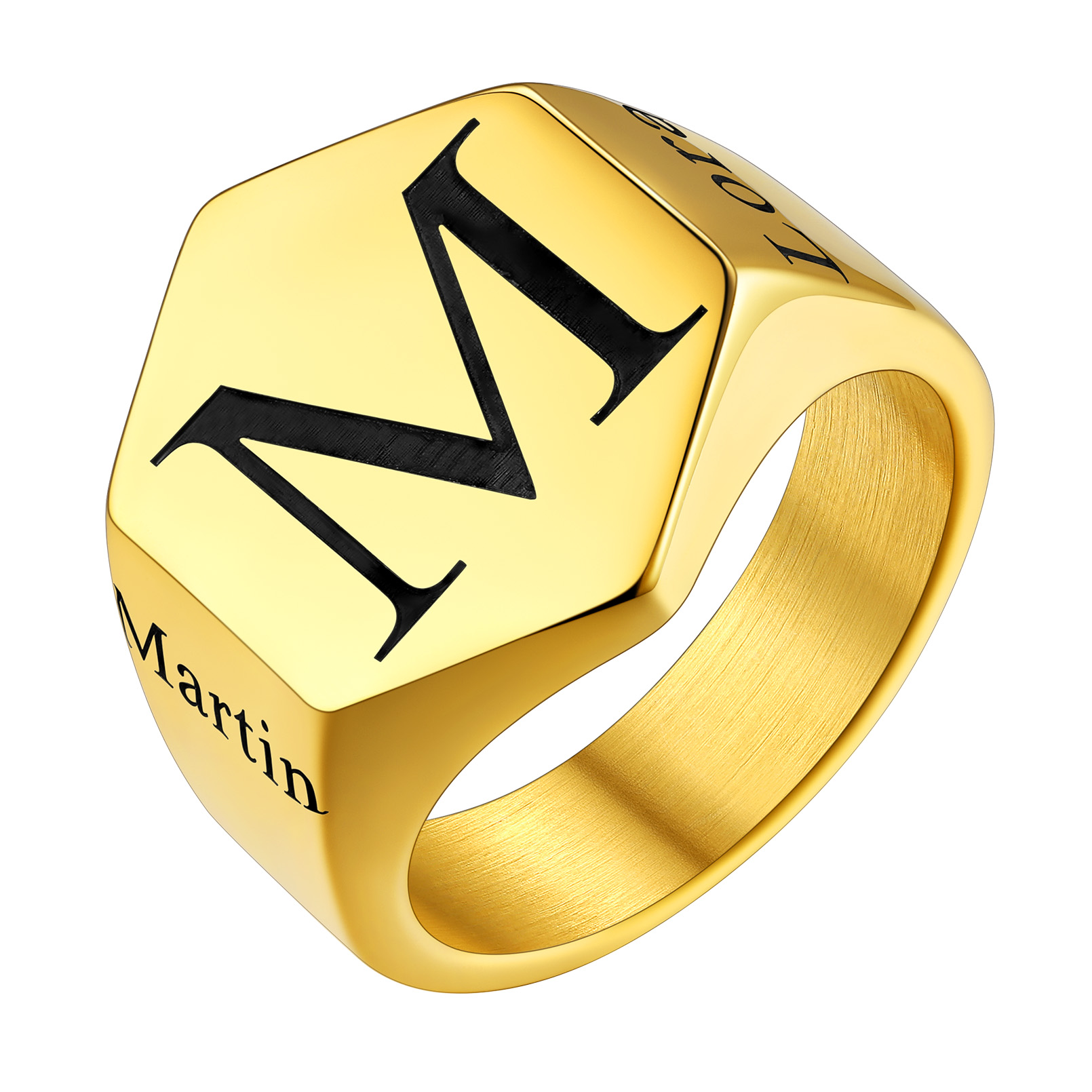 Bague Chevalière Hexagonale Personnalisée Gravée Pour Homme Or