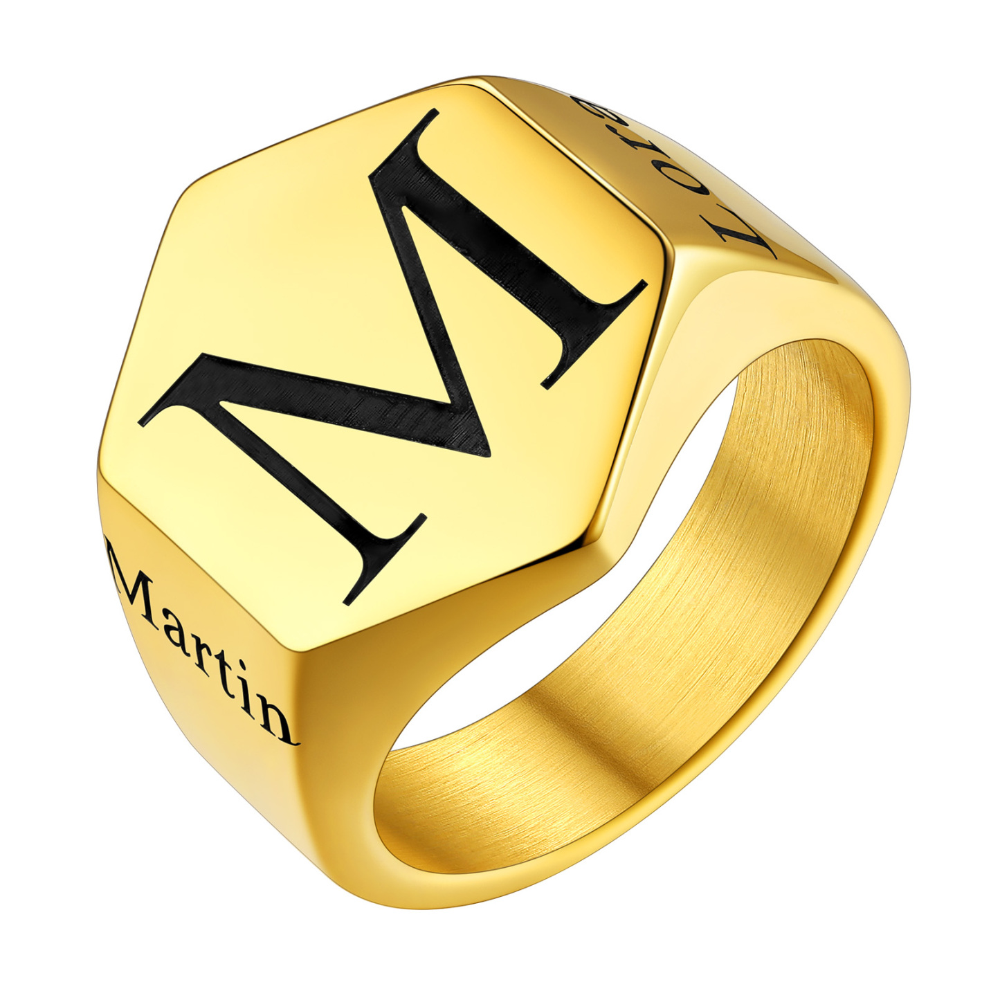 Bague Chevalière Hexagonale Personnalisée Gravée Pour Homme Or