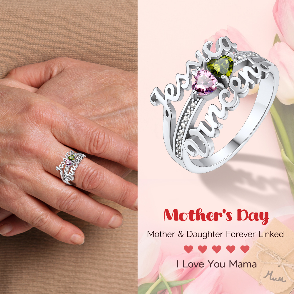 Bague Personnalisée avec 2 Pierres de Naissance Gravées Cadeau