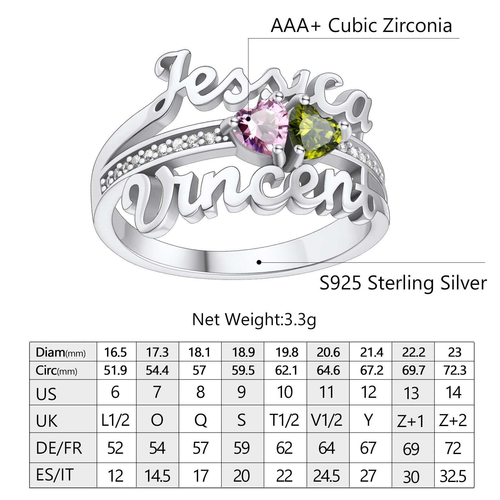 Bague Personnalisée avec 2 Pierres de Naissance Gravées Taille