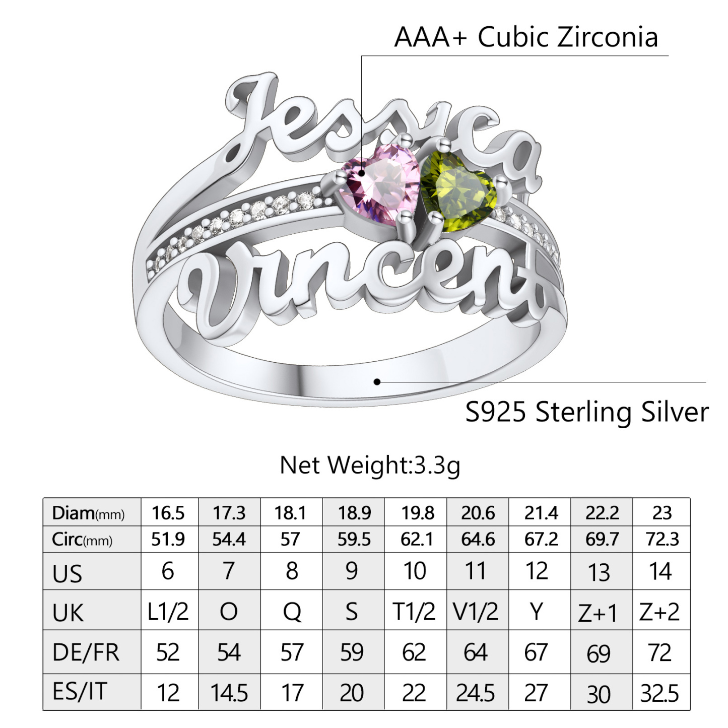 Bague Personnalisée avec 2 Pierres de Naissance Gravées Taille