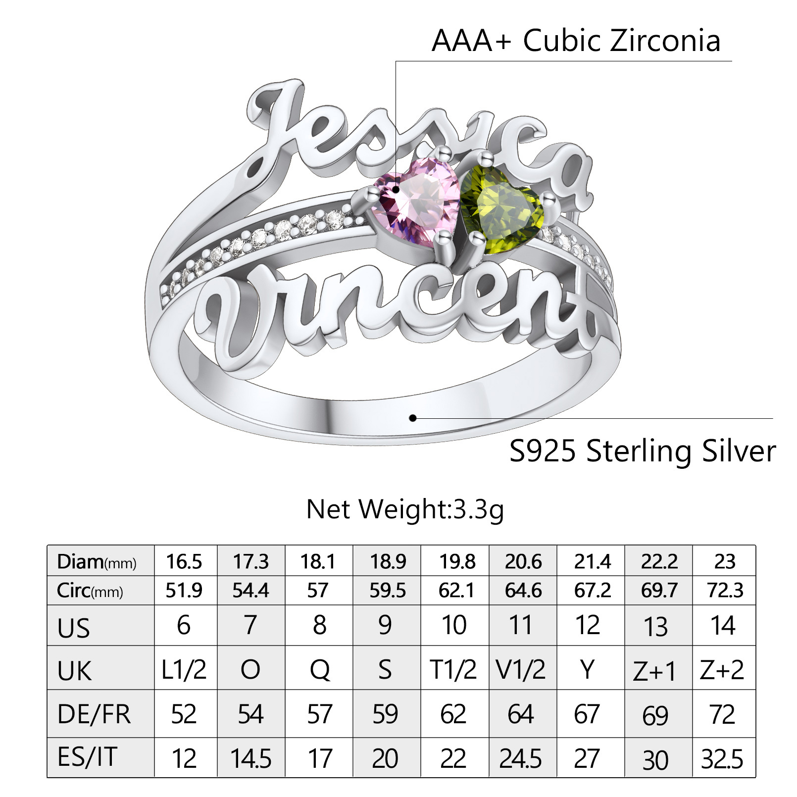 Bague Personnalisée avec 2 Pierres de Naissance Gravées Taille