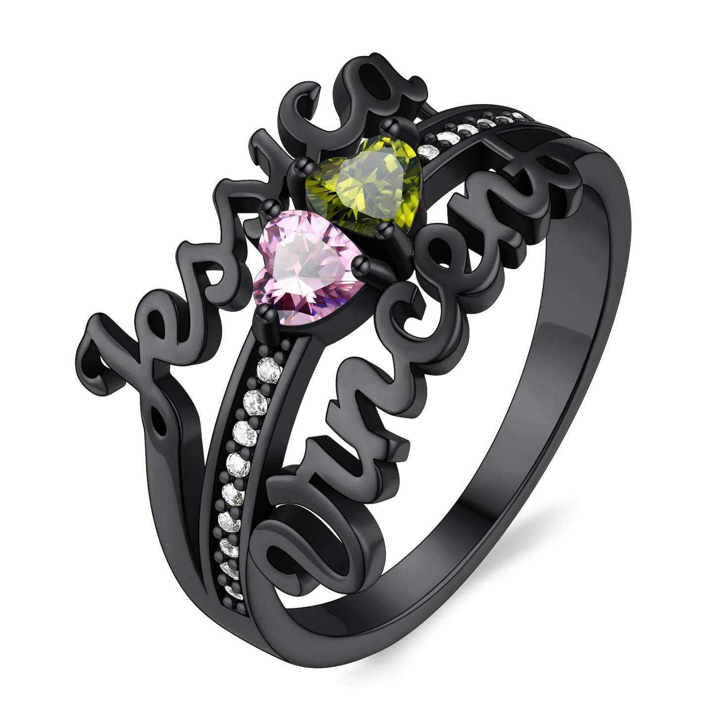 Bague Personnalisée avec 2 Pierres de Naissance Gravées Noir