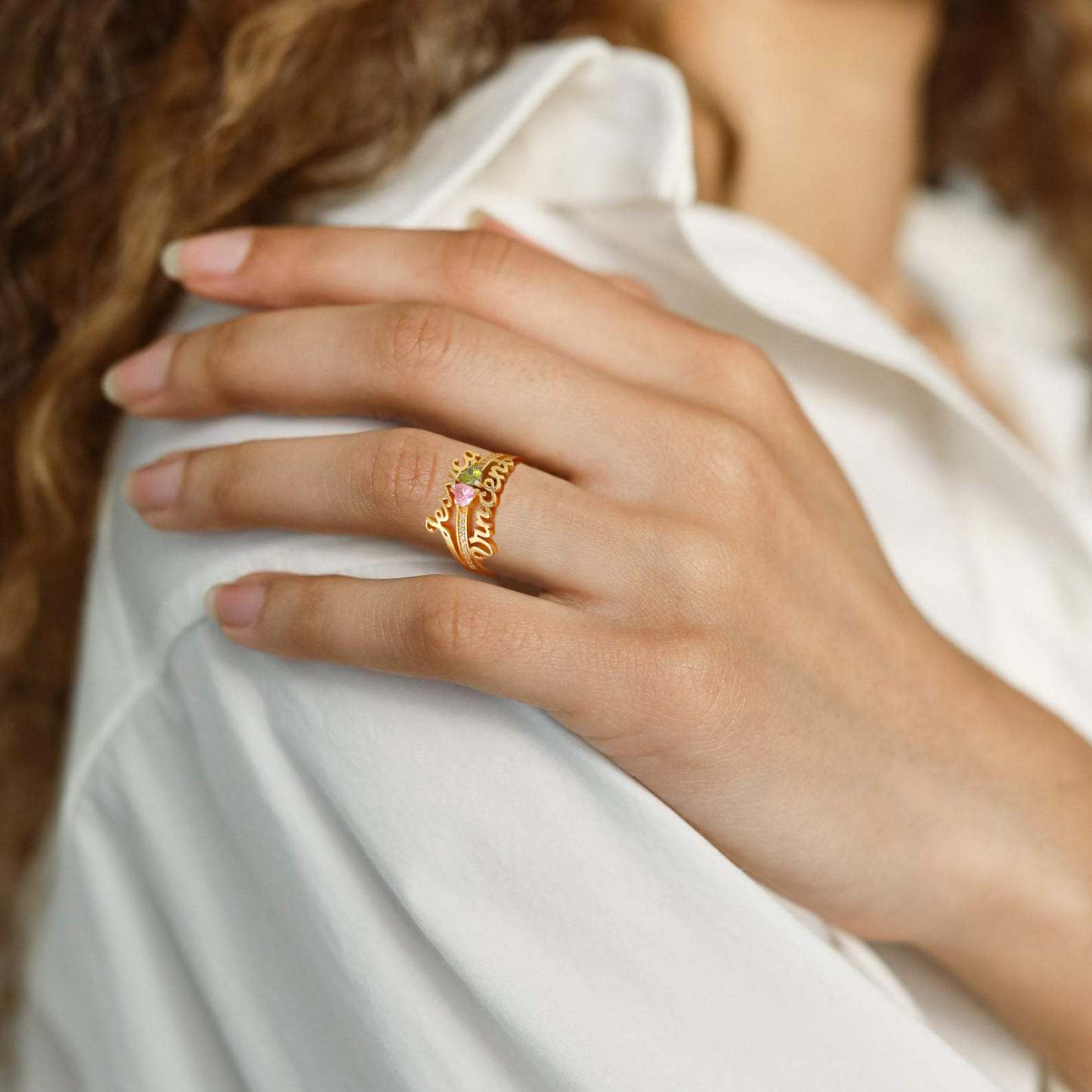 Bague Personnalisée avec 2 Pierres de Naissance Gravées Modèle