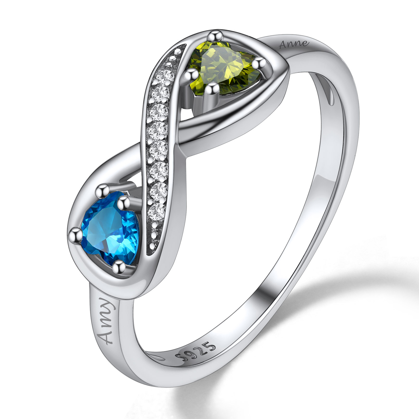 Bague Infini Personnalisée avec Pierres de Naissance et Gravure Argenté