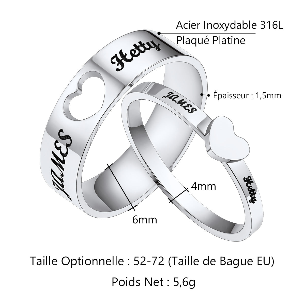 Bagues Promesse Personnalisées avec Prénoms pour Couples Taille