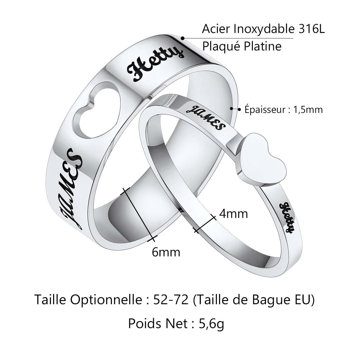 Bagues Promesse Personnalisées avec Prénoms pour Couples Taille