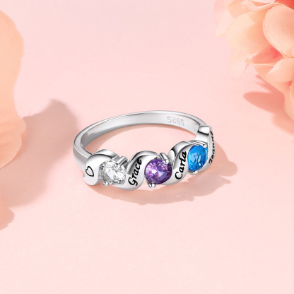 Bague Gravée avec Pierres de Naissance et Prénoms en Argent Sterling 925 