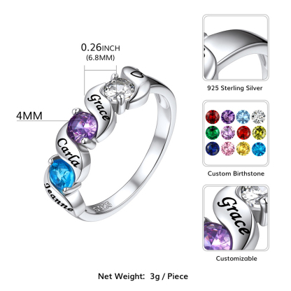 Bague Gravée avec 3 Pierres de Naissance et Prénoms en Argent 925 Taille