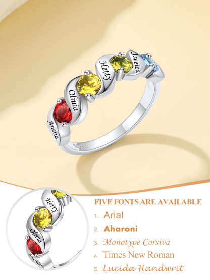 Bague Gravée avec Pierres de Naissance et Prénoms en Argent 925 Police
