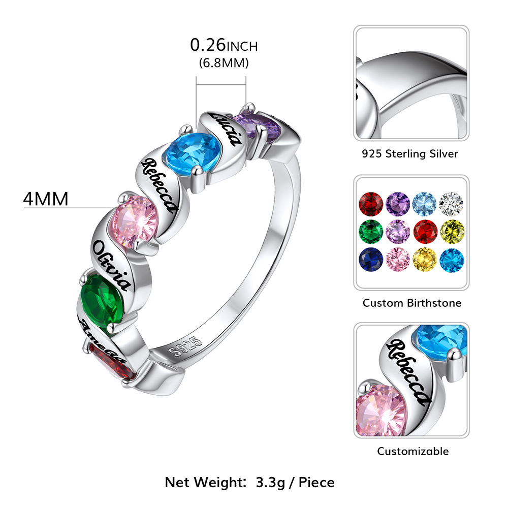 Bague Gravée avec 5 Pierres de Naissance et Prénoms en Argent 925 Taille