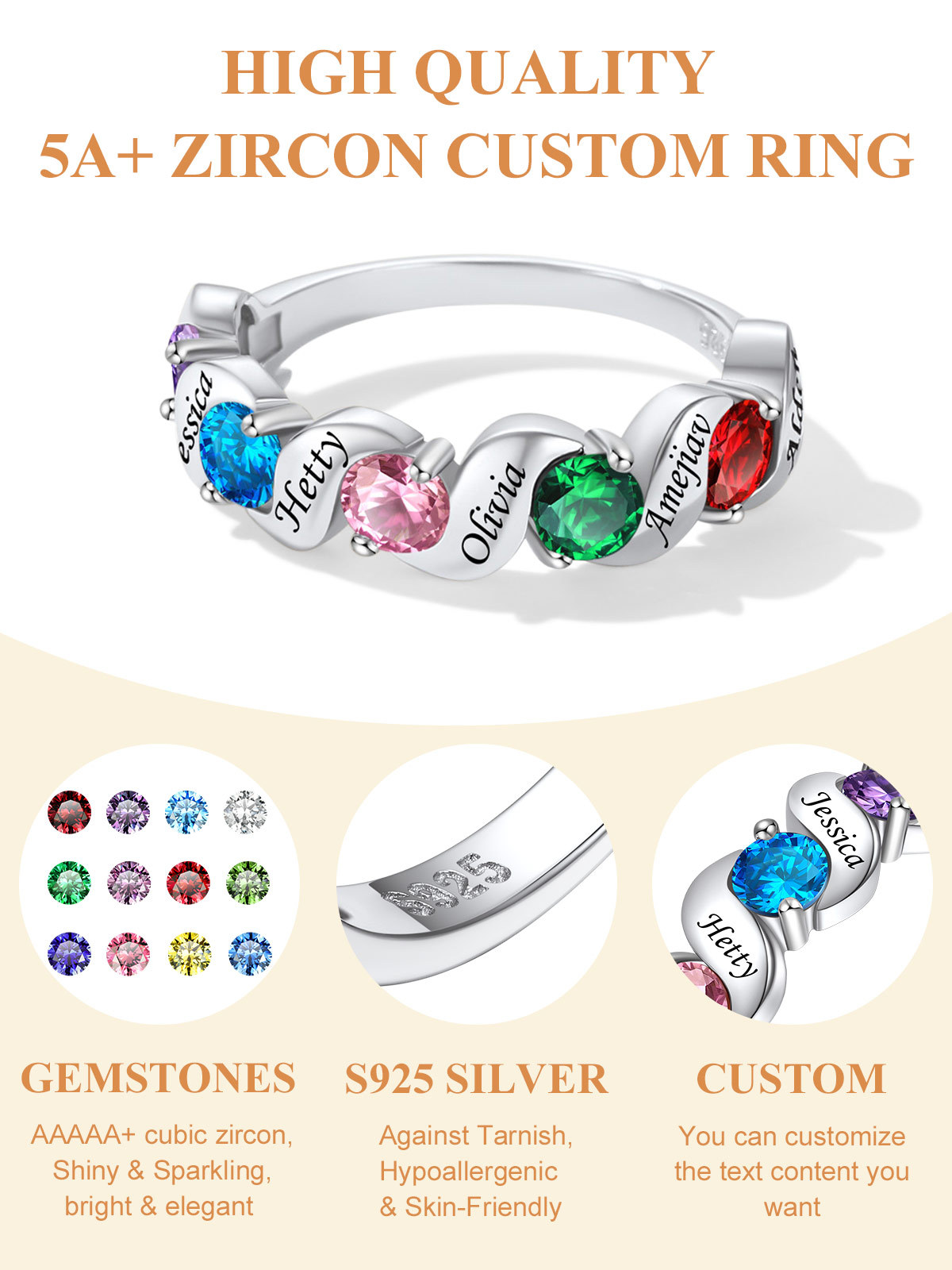 Bague Gravée avec Pierres de Naissance et Prénoms en Argent 925 Détail