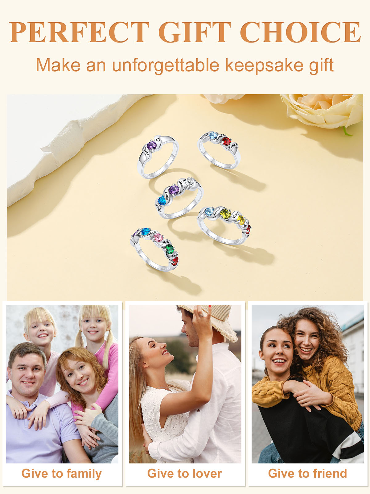 Bague Gravée avec Pierres de Naissance et Prénoms Cadeau