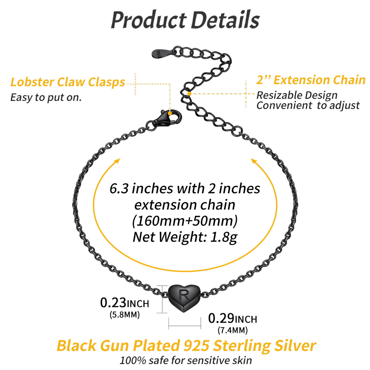 Bracelet Cœur Initial Personnalisé 26 Lettres en Argent 925 Taille