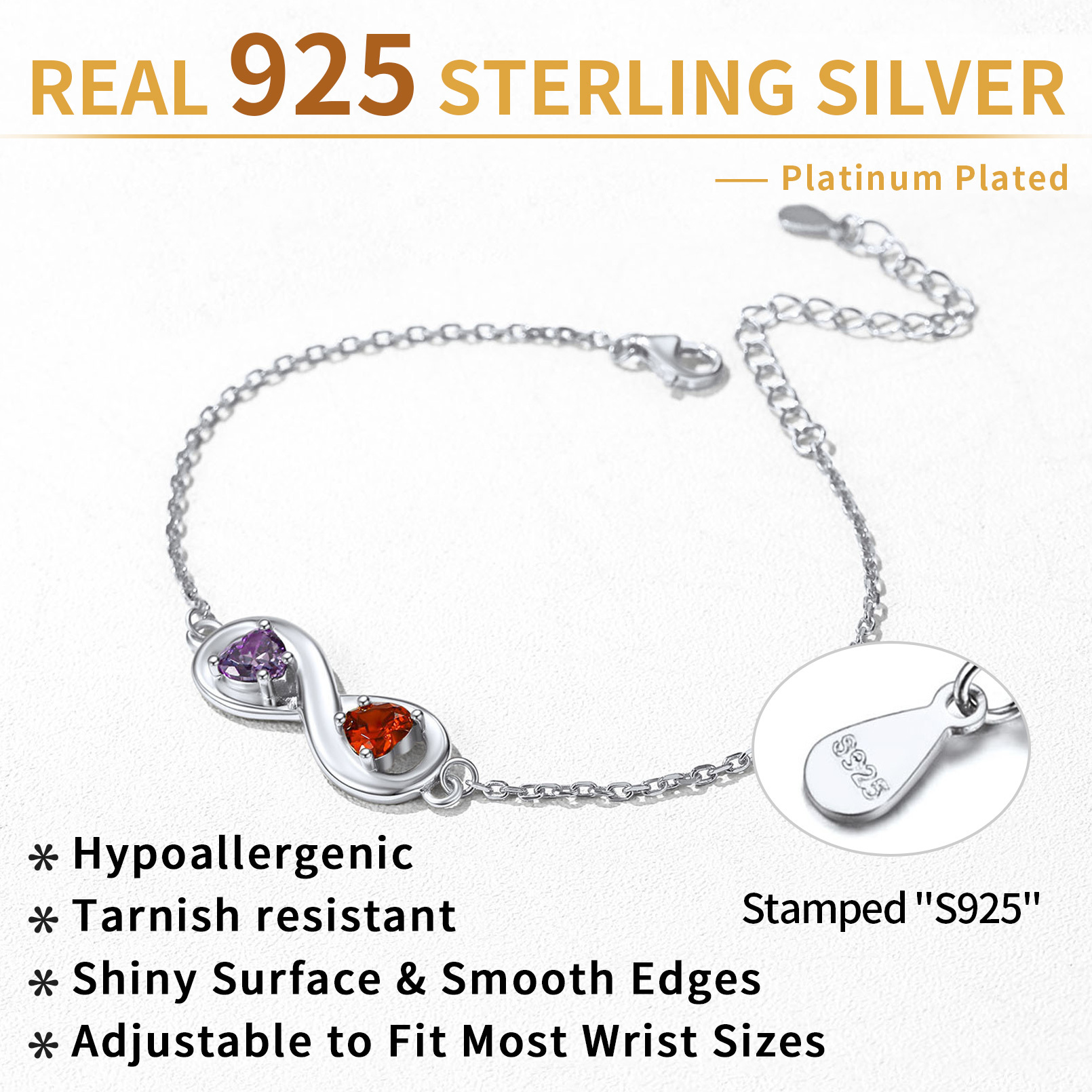 Bracelet Infini Personnalisé avec Prénoms et Pierres de Naissance en Argent Sterling Détail