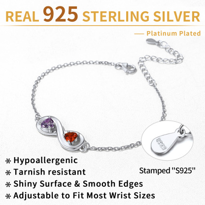Bracelet Infini Personnalisé avec Prénoms et Pierres de Naissance en Argent Sterling Détail