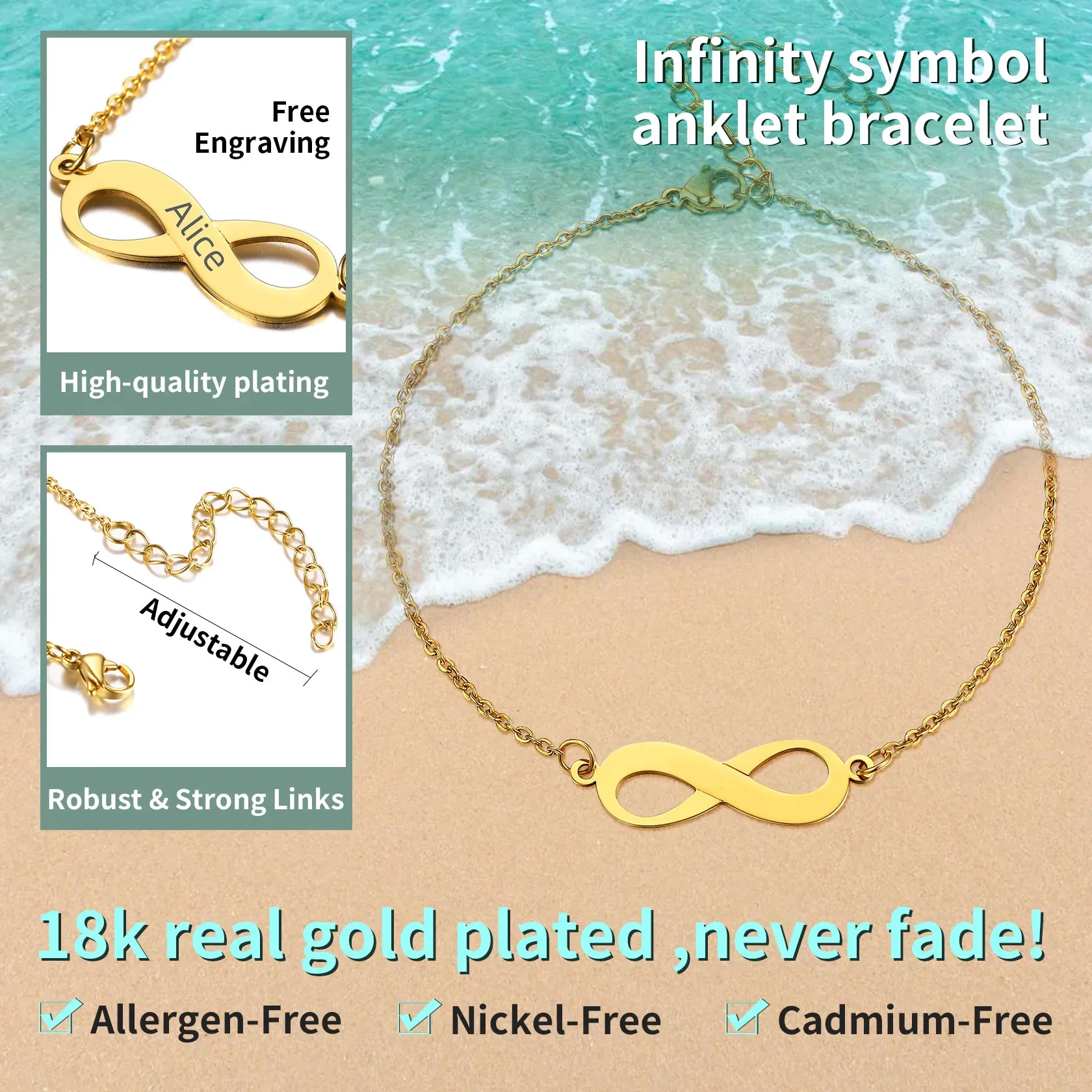 Bracelet de Cheville Infini Gravé Personnalisé pour Femme Détail