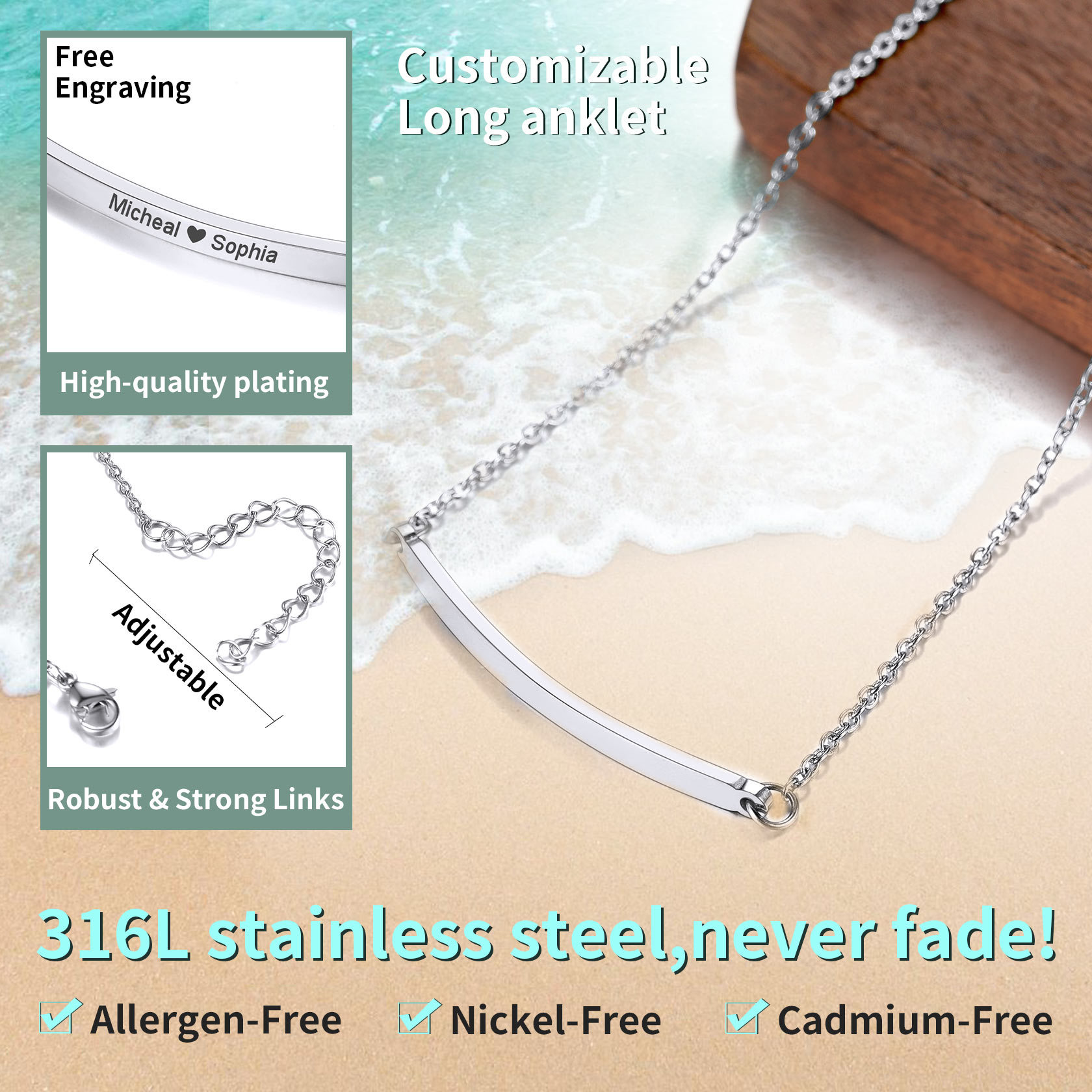 Bracelet de Cheville Personnalisé avec Barre Gravée pour Femme Détail