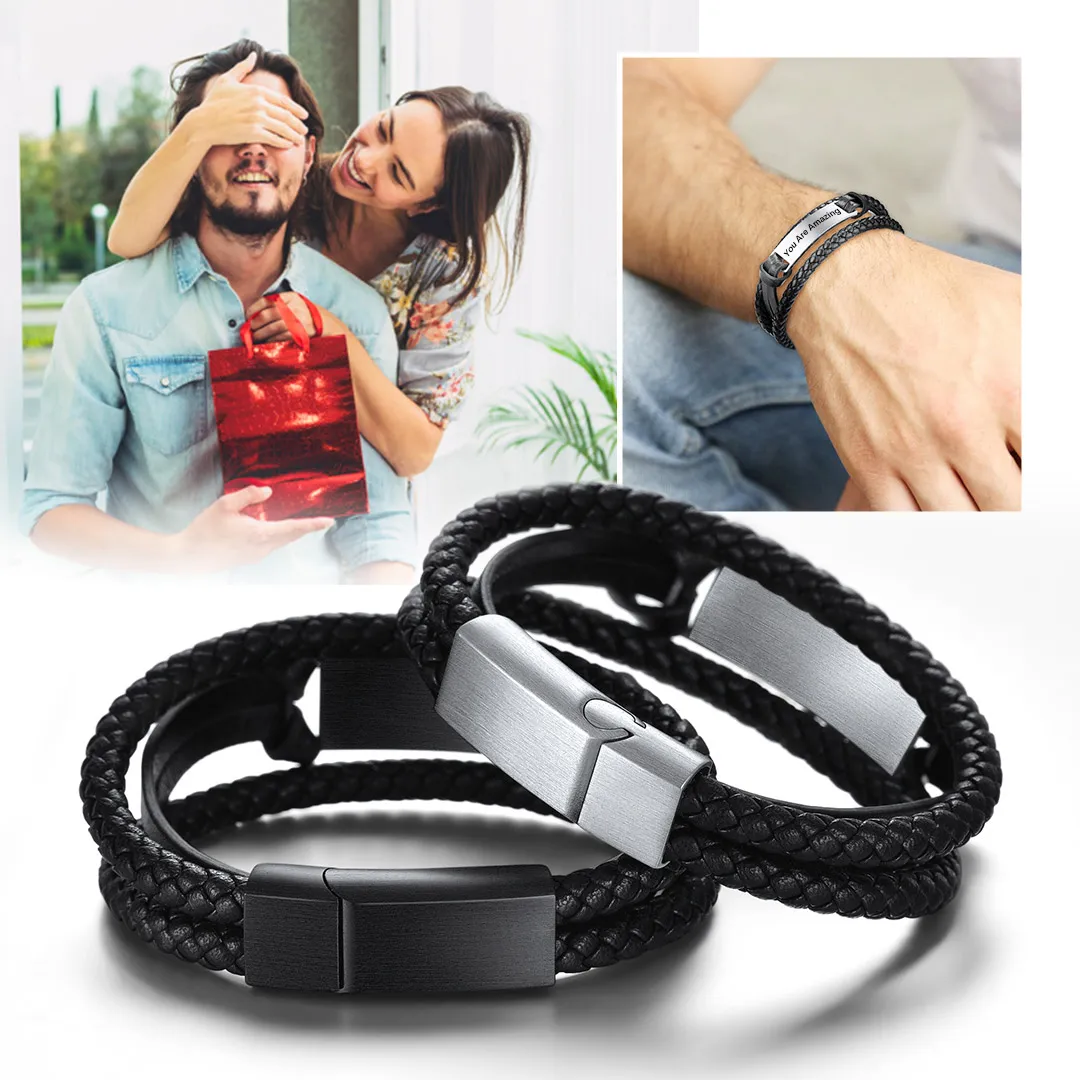 Bracelet en Cuir Tressé Personnalisé Cadeau pour Homme