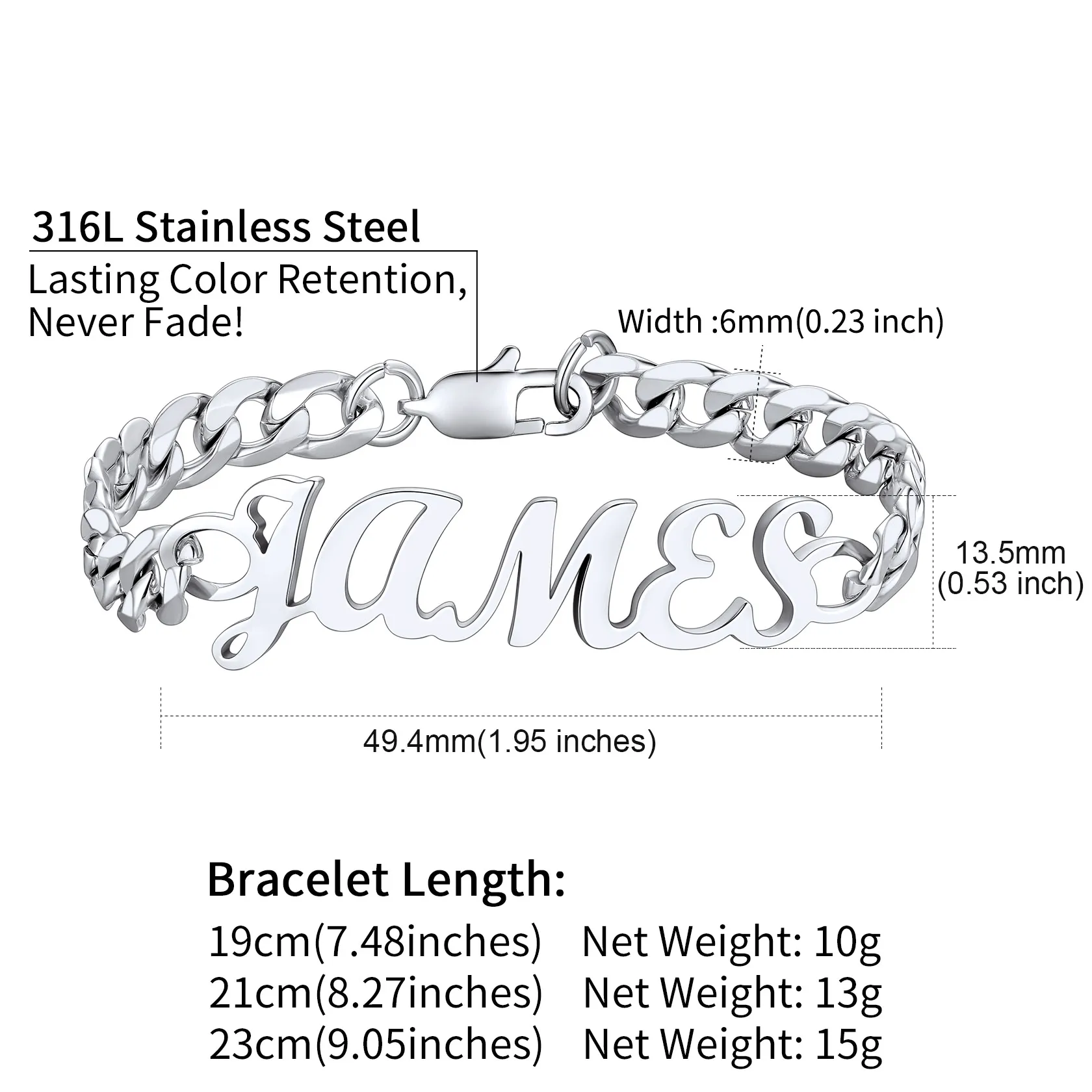 Bracelet Chaîne Cubaine Personnalisé avec Nom pour Homme Taille