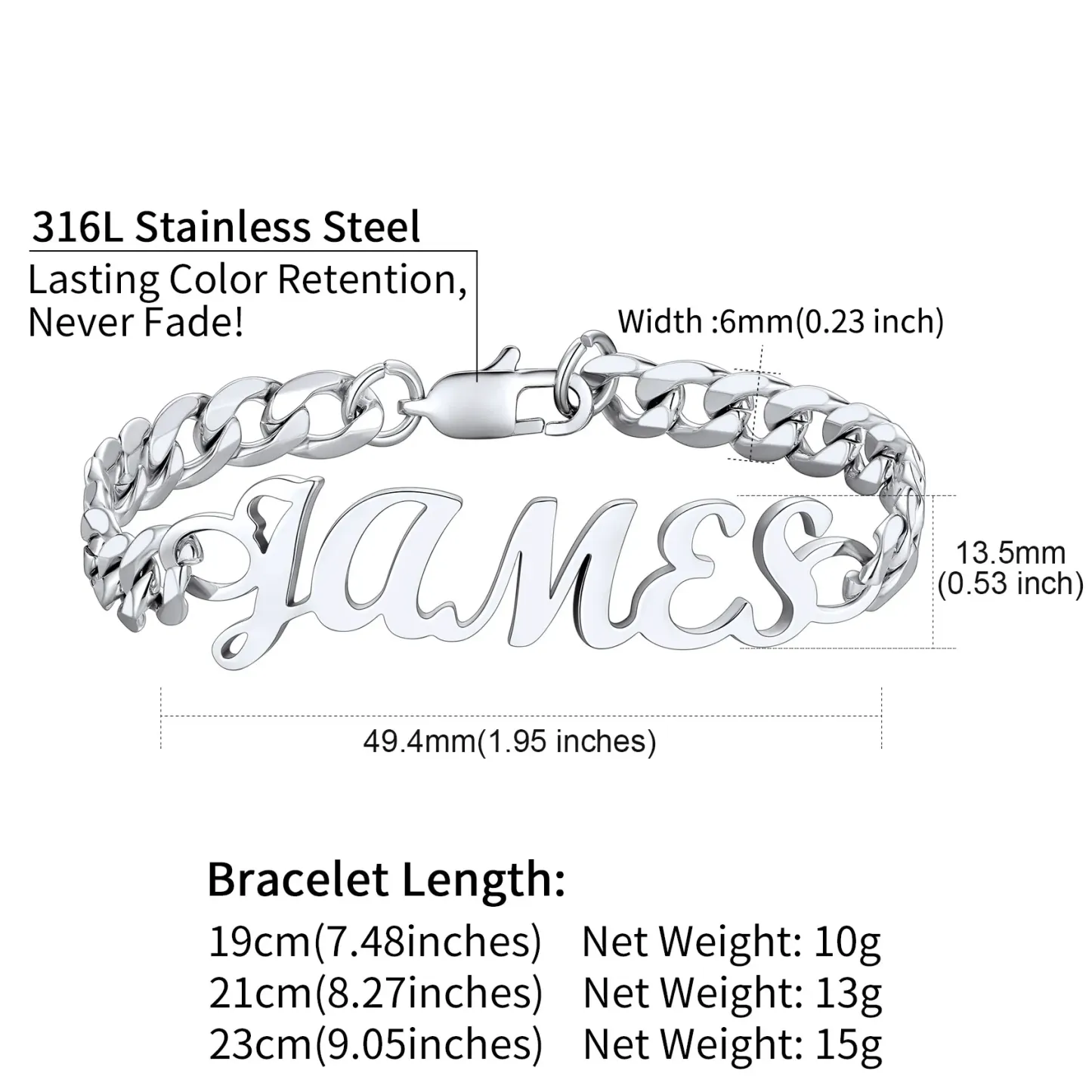 Bracelet Chaîne Cubaine Personnalisé avec Nom pour Homme Taille