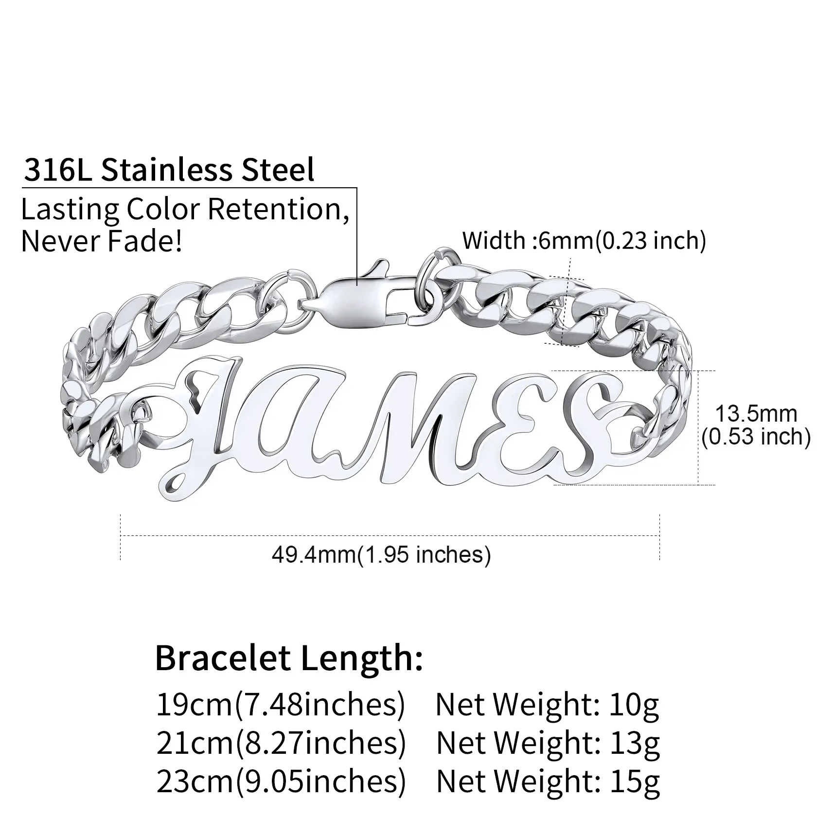 Bracelet Chaîne Cubaine Personnalisé avec Nom pour Homme Taille