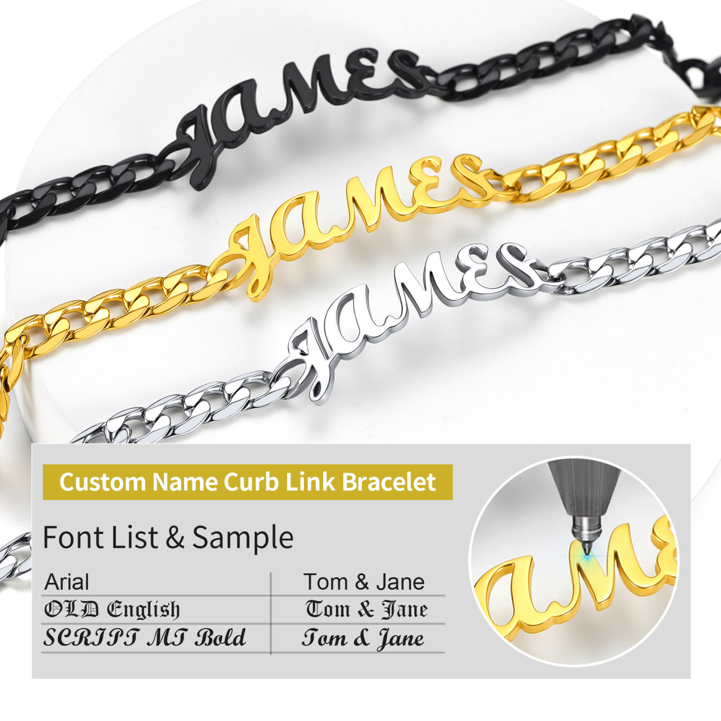 Bracelet Chaîne Cubaine Personnalisé avec Nom pour Homme Police