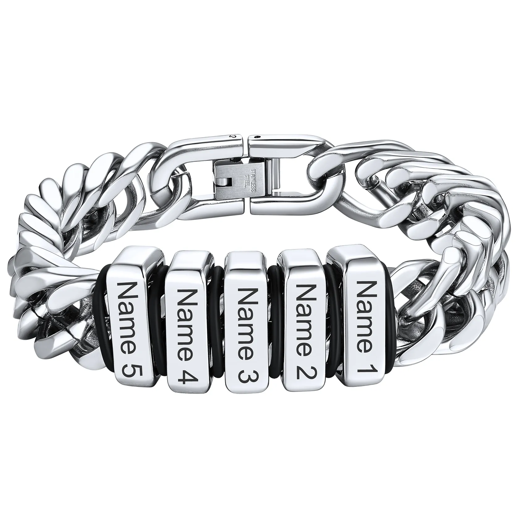 Bracelet Personnalisé avec Perles Gravées et Chaîne Cubaine pour Homme Argenté 12 mm