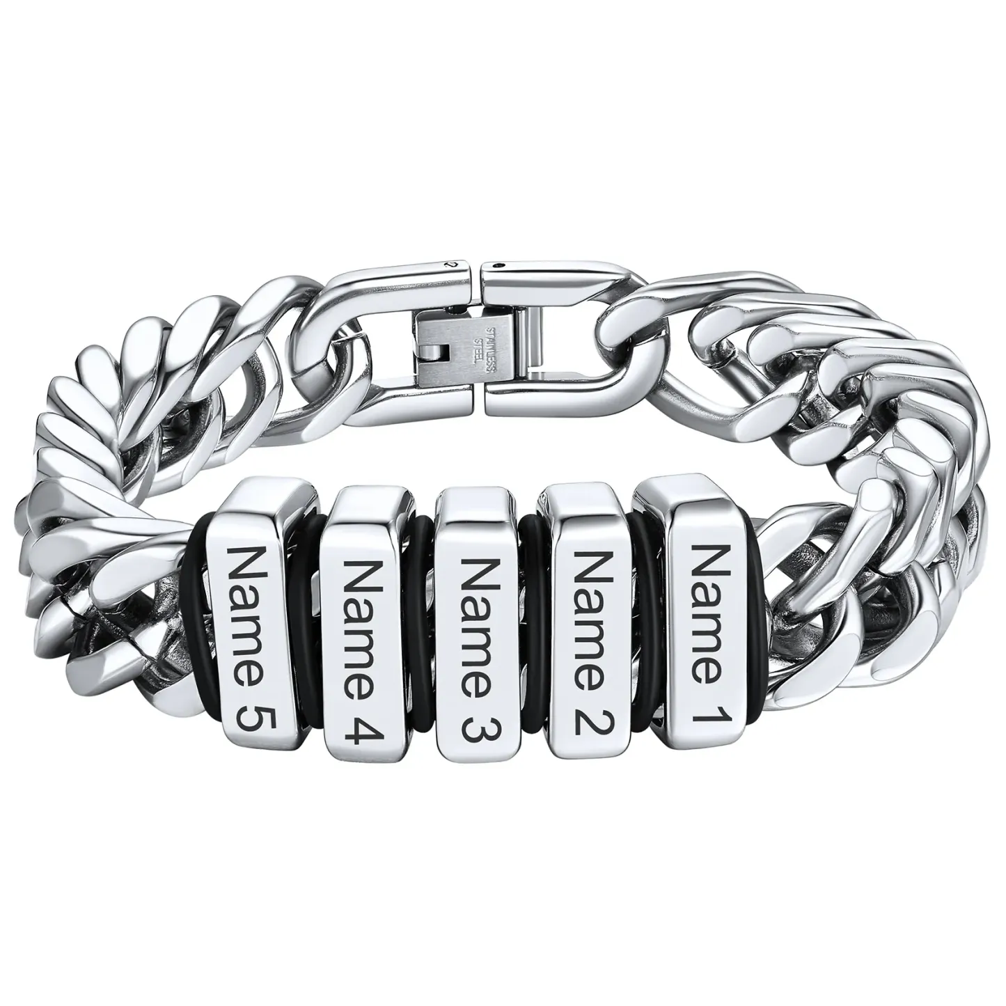 Bracelet Personnalisé avec Perles Gravées et Chaîne Cubaine pour Homme Argenté 12 mm