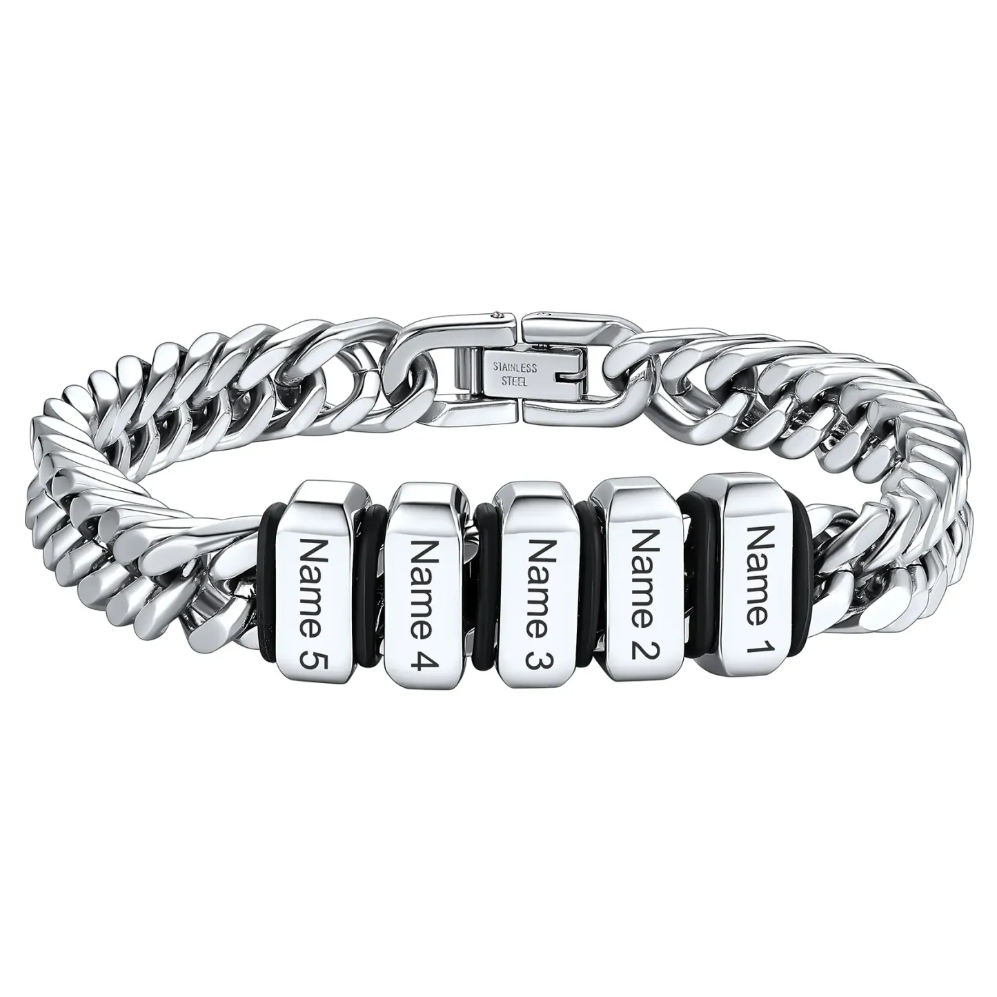 Bracelet Personnalisé avec Perles Gravées et Chaîne Cubaine pour Homme Argenté 8mm