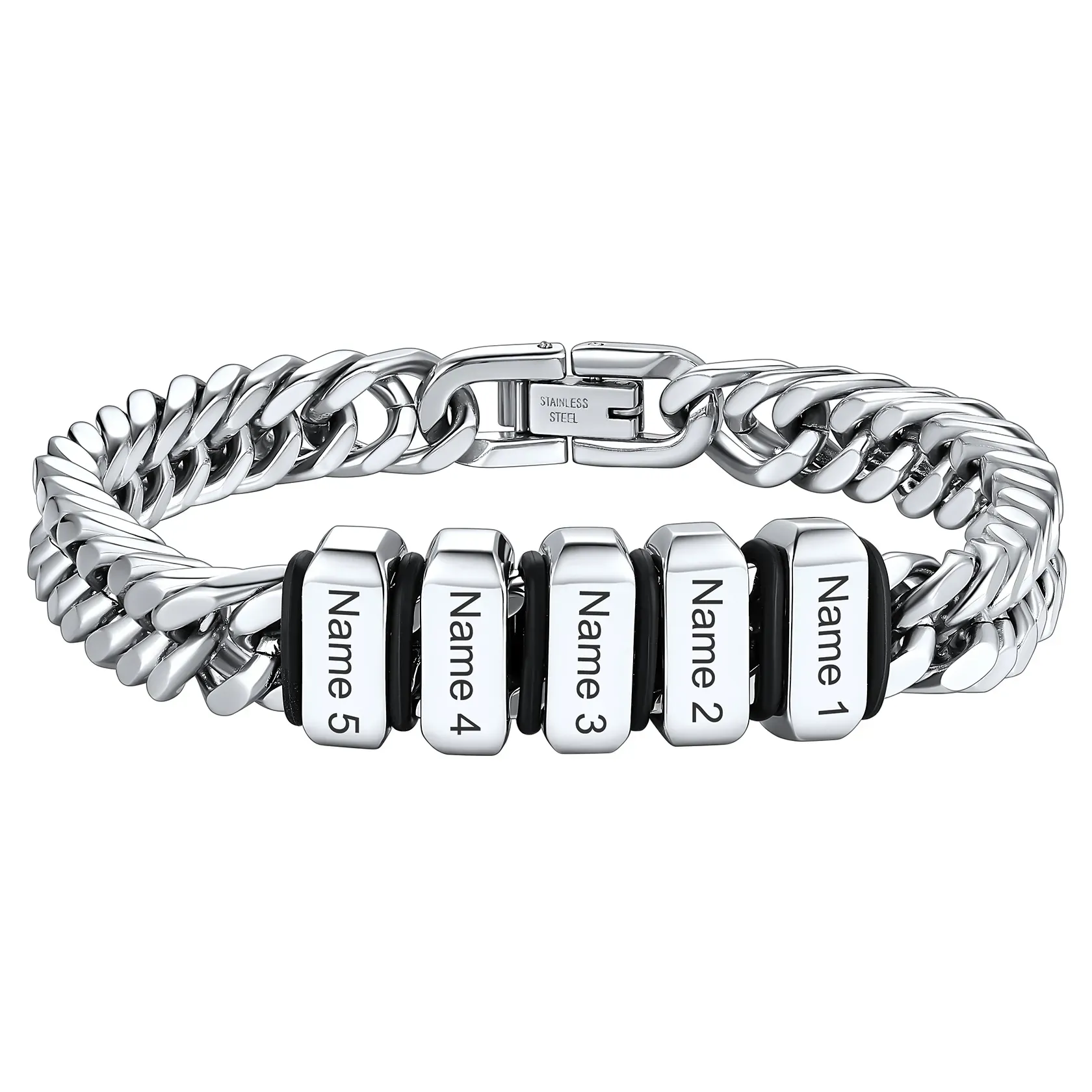 Bracelet Personnalisé avec Perles Gravées et Chaîne Cubaine pour Homme Argenté 8mm