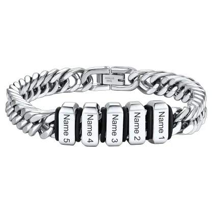 Bracelet Personnalisé avec Perles Gravées et Chaîne Cubaine pour Homme Argenté 8mm