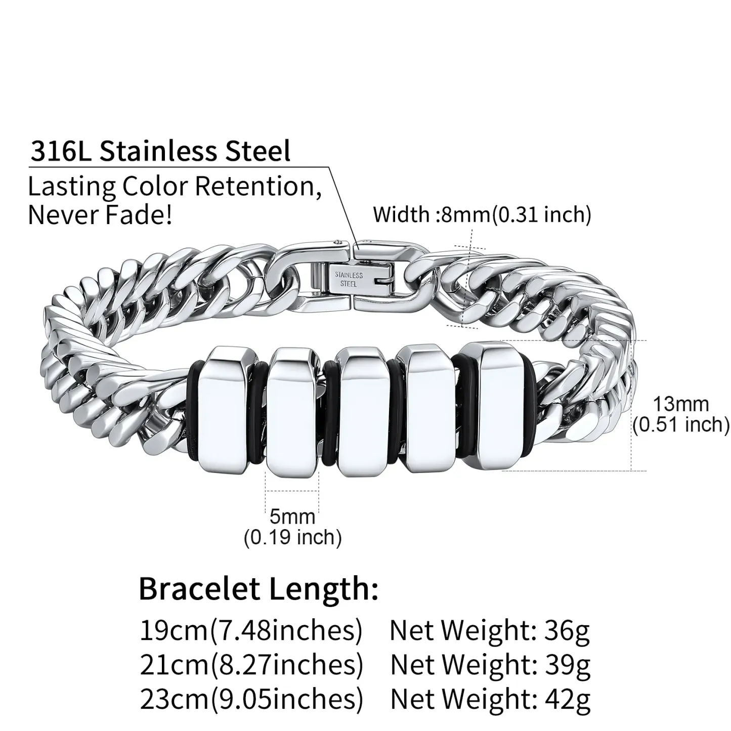 Bracelet Personnalisé avec Perles Gravées et Chaîne Cubaine pour Homme Taille 8mm