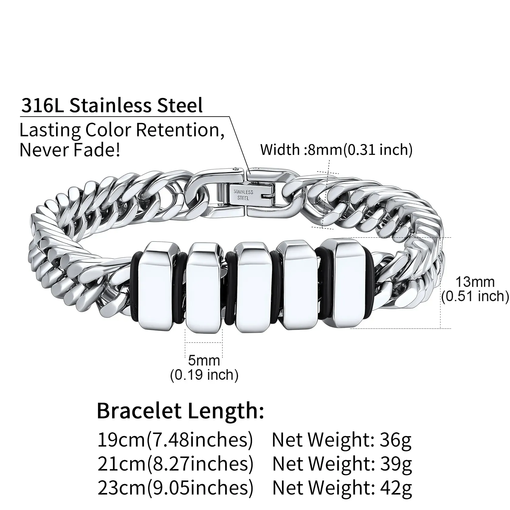 Bracelet Personnalisé avec Perles Gravées et Chaîne Cubaine pour Homme Taille 8mm