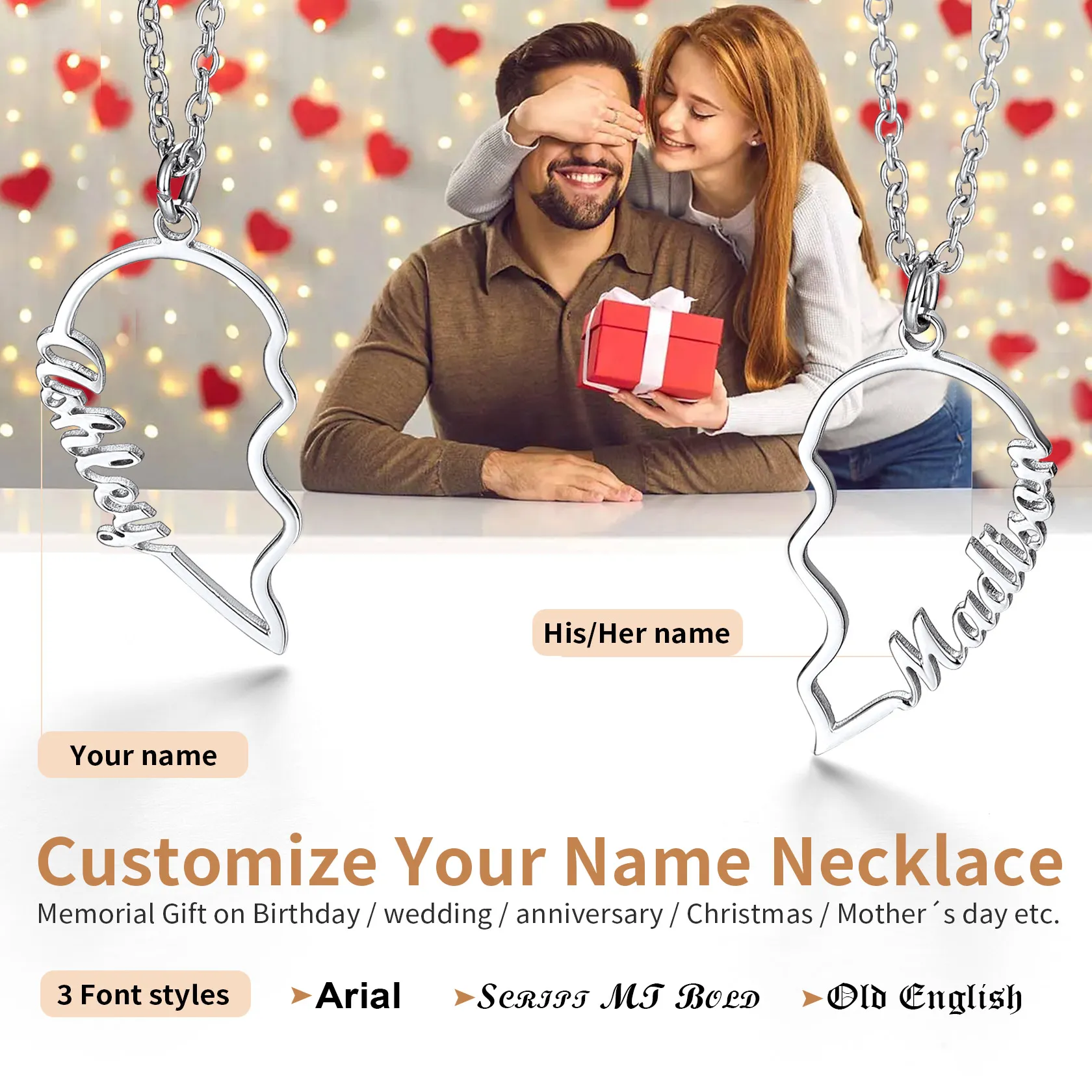 Colliers Pendentifs Assortis Cœur Personnalisés avec Noms Gravés Police