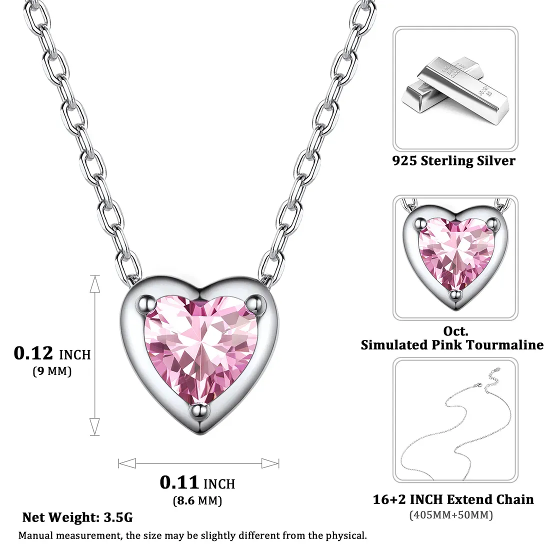 Collier Cœur en Argent Sterling avec Pierre de Naissance Taille