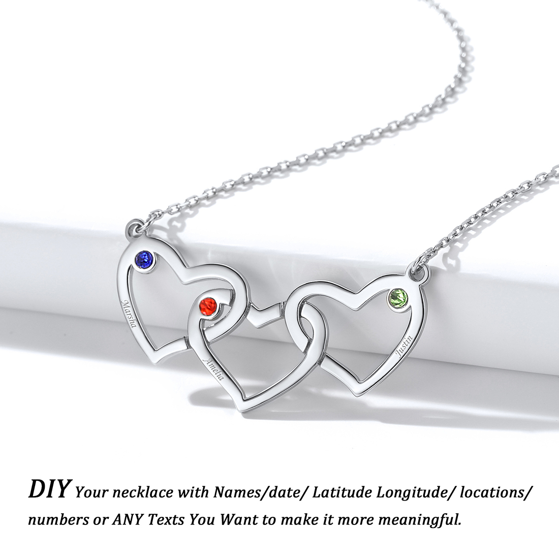 Collier Personnalisé Cœur avec Pierres de naissance et Prénoms DIY