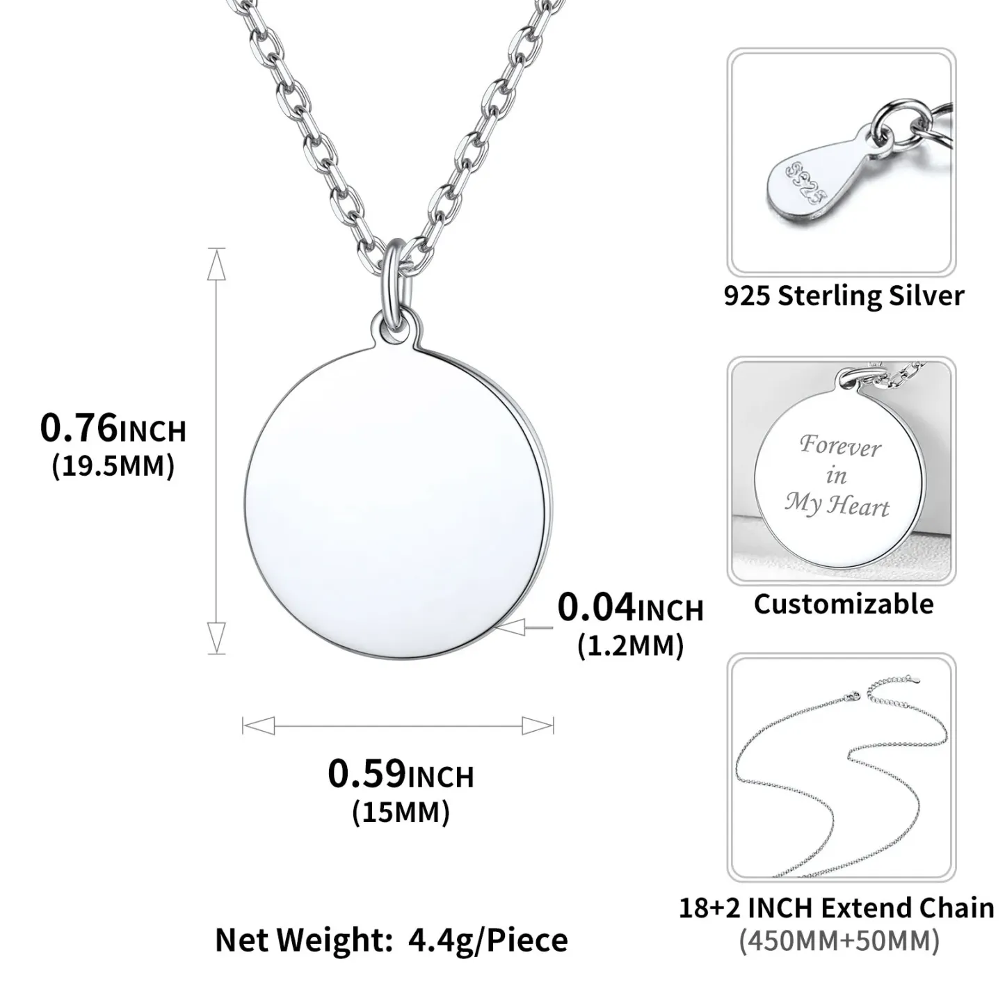 Collier avec Pendentif Rond Personnalisé Gravé pour Femmes Taille