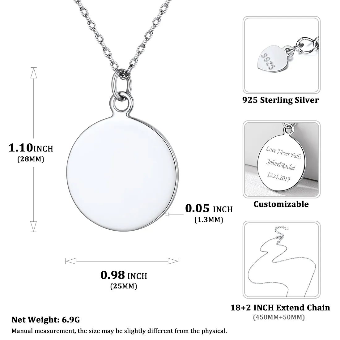 Collier avec Pendentif Rond Personnalisé Gravé pour Femmes Taille M