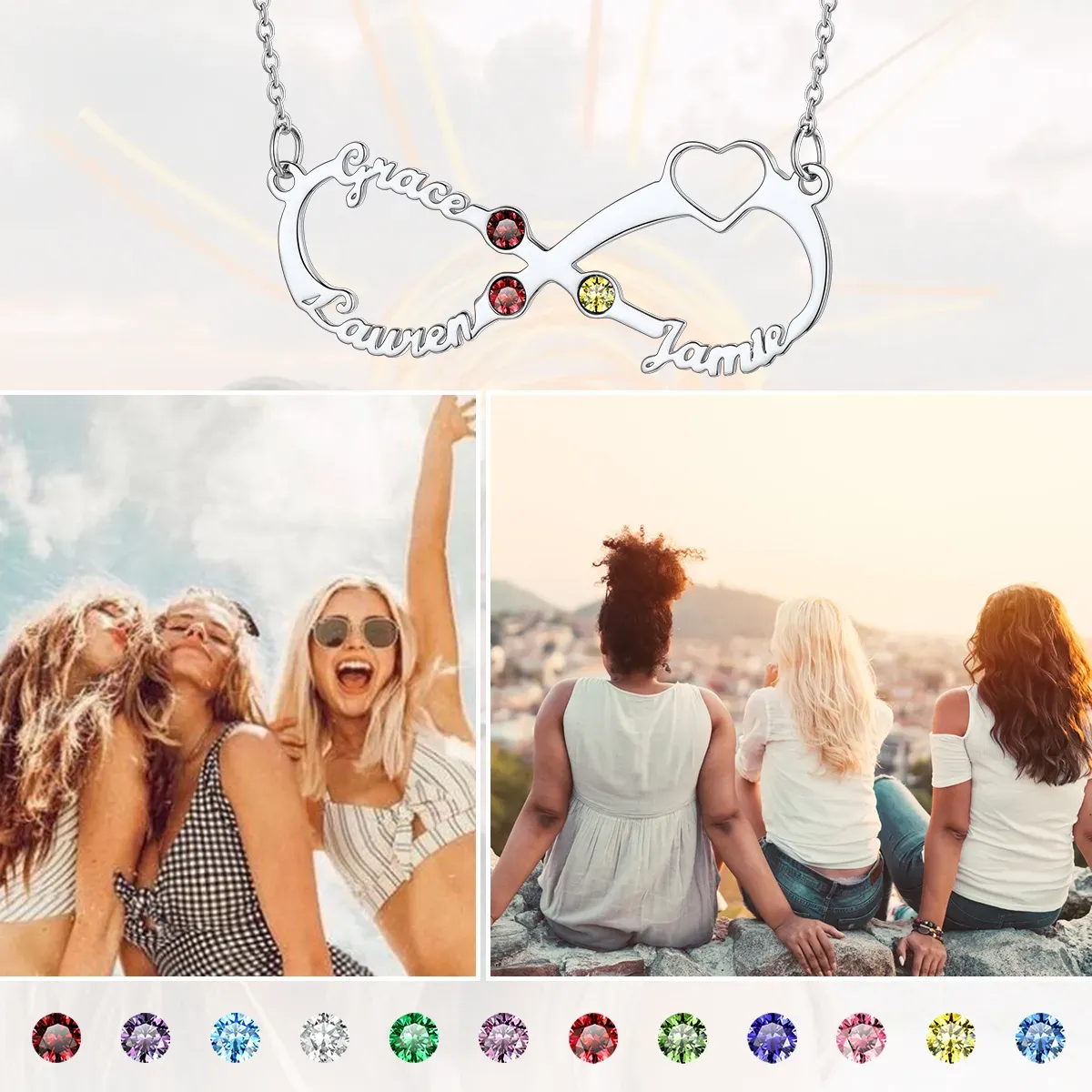 Collier Personnalisé avec 3 Noms et Pierres de Naissance pour Femme