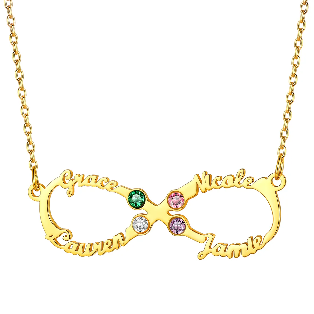 Collier Infini Personnalisé avec 4 Prénoms et Pierres de Naissance pour Femme Or