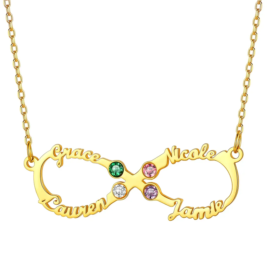Collier Infini Personnalisé avec 4 Prénoms et Pierres de Naissance pour Femme Or