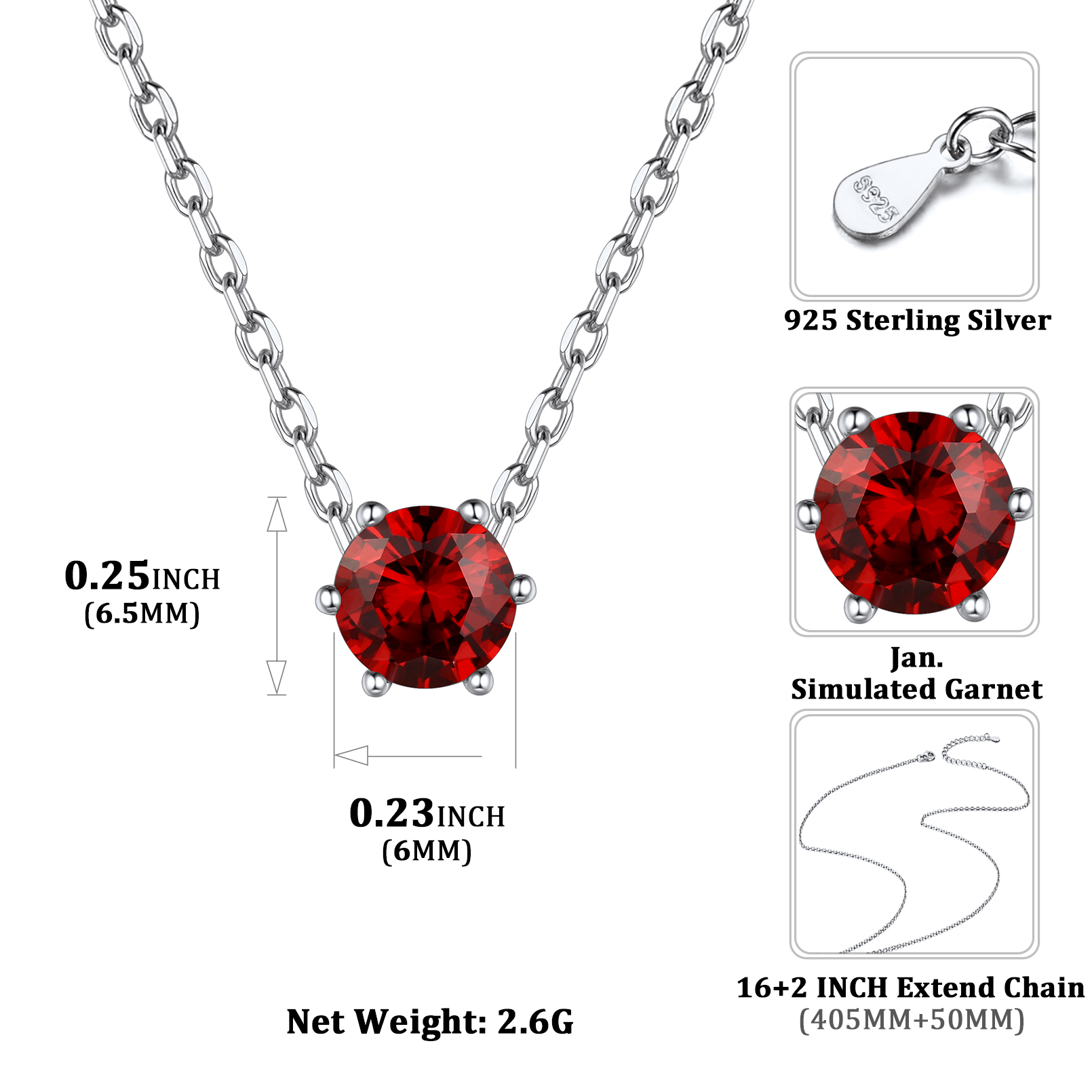 Collier Pendentif avec Pierre de Naissance Créée en Argent Sterling et Coupe Ronde Détail